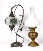 A Turkish Mosaic Glass Ceiling Lamp and Fitting together with a Brass Oil Lamp with Shade. height of