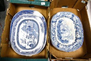 Four Large Early 20th Century Blue & White Decorated Meat Platters (2 trays)