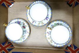 Three Aynsley Cup & Saucer Sets decorated with wild flowers