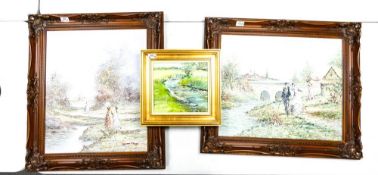 Three Framed Impasto Impressionist artworks, Victorian Couple with Bridge to background by Marie