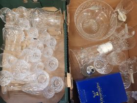 A collection of glassware items to inlude drinking glasses, jugs, fruit bowls, vase etc (2 trays)