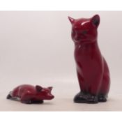 Two Royal Doulton Flambe Figures to include Seated Cat and Stalking Fox. Height of tallest: 13cm