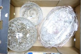 A collection of Pressed Glass items including large fruit bowl, cut glass smaller item, patters etc