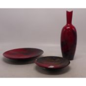 Royal Doulton Flambe Items to include on Bottle Vase and two small dishes (One dish with chip to