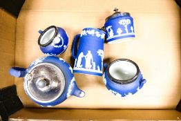Wedgwood early 20th Century Dip Blue Teapot, cream jug, sugar bowl, eater jug & preserve pot