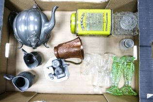 A Mixed Collection of items to include Pewter teaware, Ringtons tin tea caddy, Hammered Copper Jug