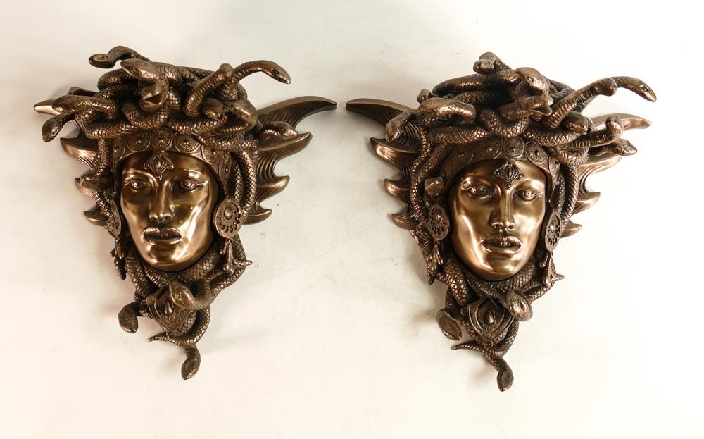 Two Large Bronzed Resin Medusa Theme Wall Brackets, each 25cm(2)