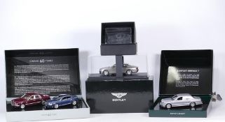 A collection of boxed Bentley Model Toy cars including 1:43 Minichamps Arnage T Silver Tempest, 1:43