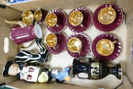 A mixed collection of items to include Wade Burgundy coloured coffee set, pottery toby jugs etc