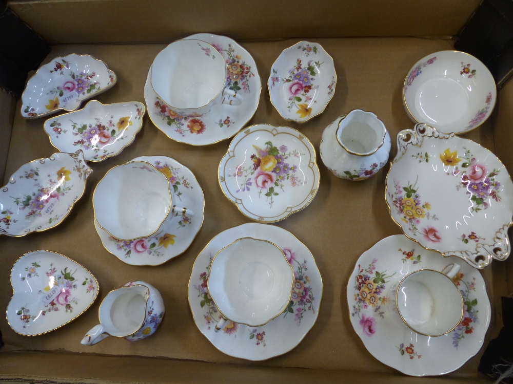 Royal Crown Derby, Derby poses items to include cups and saucers, pin dishes, cream jug, coffee