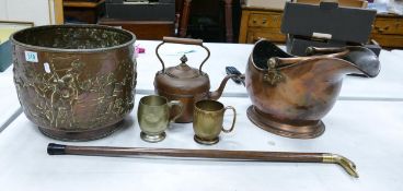 A Collection of Metalware Items to include Large Embossed Planter, Coal Scuttle, Walking Stick,