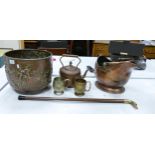 A Collection of Metalware Items to include Large Embossed Planter, Coal Scuttle, Walking Stick,