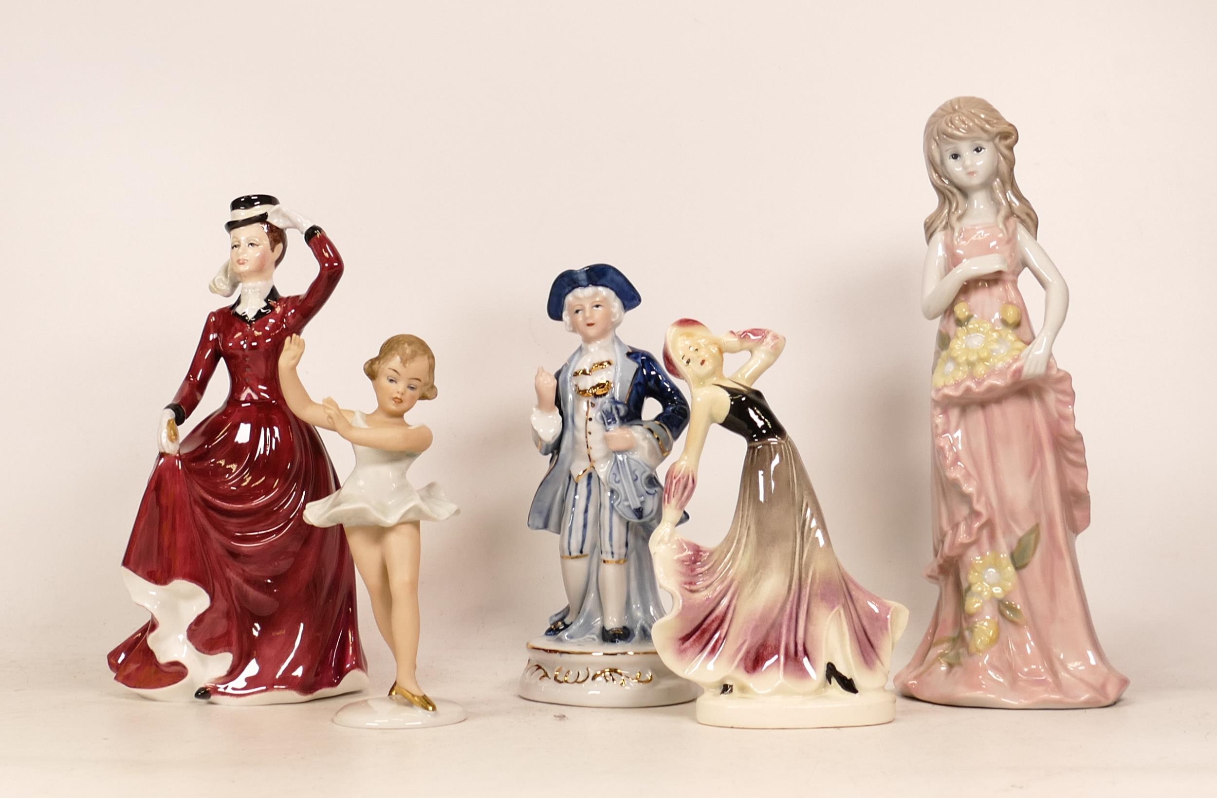 Francesca lady figure Larinia together with German ballerina figure, unmarked lady figure, Boy