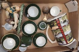 A mixed collection of items to include large dog themed jug, green and gold teaware items, Juliana