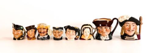 Two small Royal Doulton character jugs Aramis D6454 and Old Charlie together with six miniature jugs