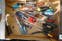 A collection of mainly unused hand tools including screwdrivers, spanners, pliers, etc (1 tray)