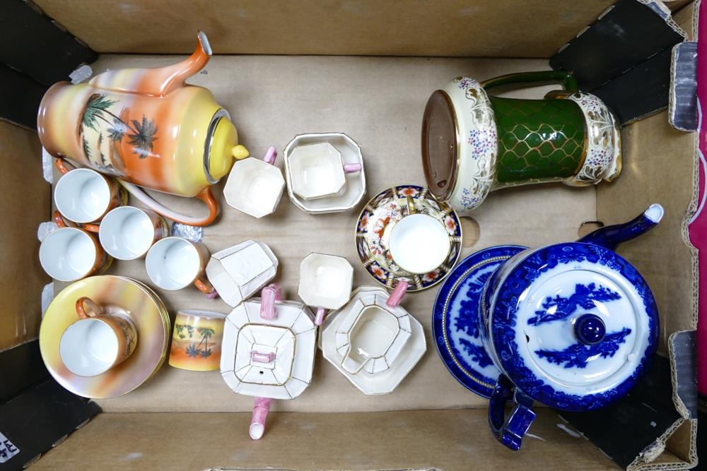 A mixed collection of items to include hand painted camel riding coffee set, Carltonware teapot,