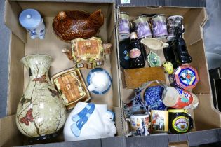 A mixed collection of items to include Advertising tins & mugs, Cottage ware teapots, Chicken Egg