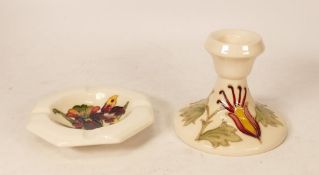 Moorcroft Orchid ashtray together with Columbine candlestick. 1 boxed. Height of candlestick 9cm
