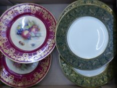 A set of 6 Wedgwood Florentine Arras Green Dinner plates W4170 Together with two Aynsley Cabinet