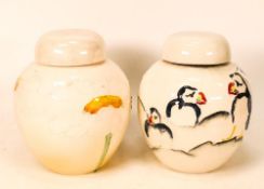 A Group of Lise B Moorcroft items to inlude experimental Puffins Ginger Jar, chip to top edge of
