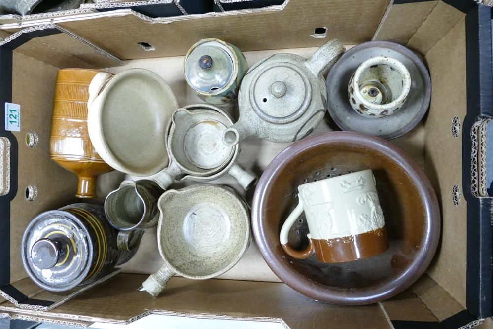A large collection of Studio Pottery including teapot, bowls, storage jars, drainer etc