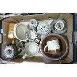 A large collection of Studio Pottery including teapot, bowls, storage jars, drainer etc