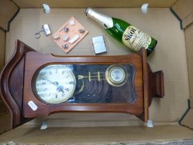 A mixed collection of items to include hardwood cased wall hanging clock with key and pendulum