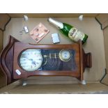 A mixed collection of items to include hardwood cased wall hanging clock with key and pendulum