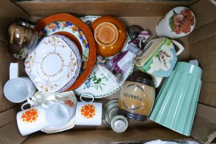 Tray of Ceramics to include Clarice Cliff Tea Pot, Moorcroft Hibiscus Lidded Pot, Doulton Tobacco