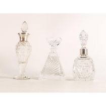 Two Silver Topped Cut Glass Crystal Perfume Bottles & similar item with glass stopper, tallest 18cm