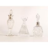 Two Silver Topped Cut Glass Crystal Perfume Bottles & similar item with glass stopper, tallest 18cm