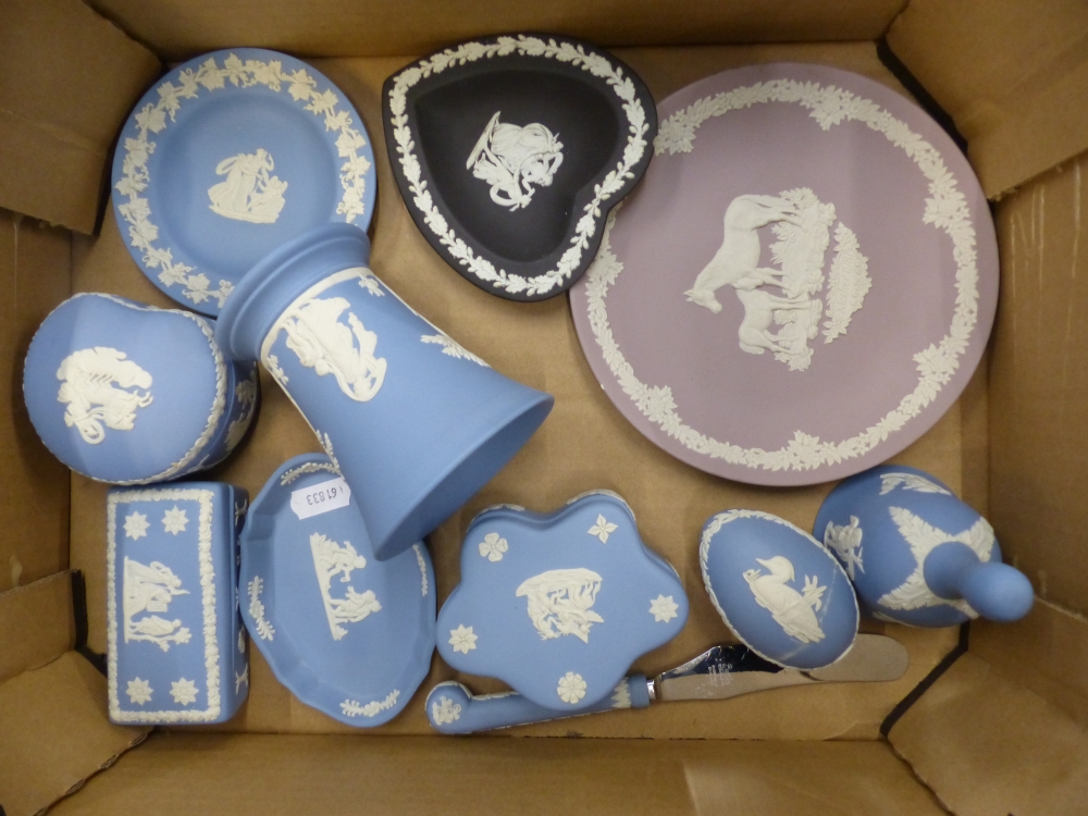 A collection of Wedgwood jasperware items to include Vase, lidded pots, pin dishes, ashtrays etc (