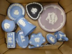 A collection of Wedgwood jasperware items to include Vase, lidded pots, pin dishes, ashtrays etc (