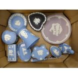 A collection of Wedgwood jasperware items to include Vase, lidded pots, pin dishes, ashtrays etc (