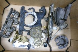 A mixed collection of metal ware items to include alligator nut cracker, ornamental figures ,