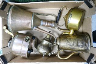 A Collection of Metalware to include Copper and Brass Kettles, unusual Turkish Coffee Pot item