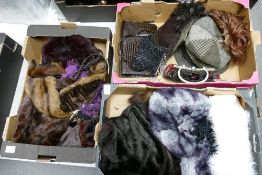 A mixed collection of items to include Fur Stoles, Mens Hats, Ladies Handbags , Purses etc (3 trays)