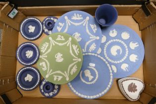 A collection of Wedgwood jasperware including Sage Green Wall Plate, Royal Blue Candlesticks, pin