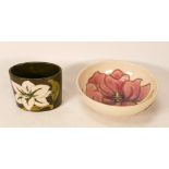 Moorcroft Magnolia bowl together with African Lily small oval vase. Diameter of bowl 12cm, height of