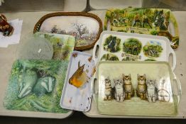 A collection of decorative house hold trays including Appleby Horse Fair items