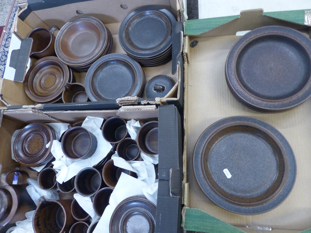 Large quantity of Denby style ironstone tea and dinnerware items (3 trays)