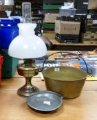 Heavy Brass Jam Pan together with Aladdin Brass Oil lamp & Civic Pewter handled dish (3)