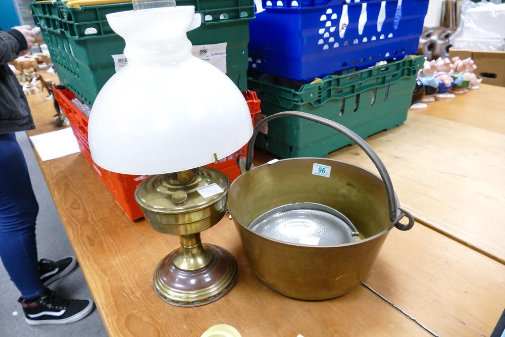 Heavy Brass Jam Pan together with Aladdin Brass Oil lamp & Civic Pewter handled dish (3) - Image 2 of 2