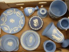 A collection of Wedgwood jasperware items to include small planter, vases, plates etc (1 tray)