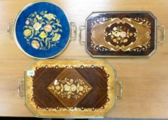 Three Decorative Display Trays with brass effect galleries, & inlaid type decoration, largest length