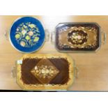 Three Decorative Display Trays with brass effect galleries, & inlaid type decoration, largest length