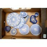 A Collection of Blue Wedgwood Jasperware including wall plates, pin dishes, tea cup etc