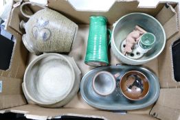 A large collection of Studio Pottery including trays, salt salver, bowls, large green glazed jug etc