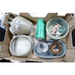 A large collection of Studio Pottery including trays, salt salver, bowls, large green glazed jug etc